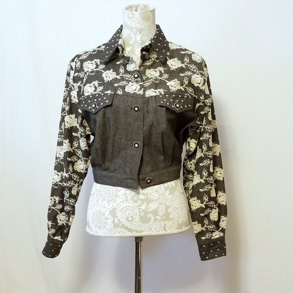 Cache Cropped Embellished Denim Jacket Sz XS